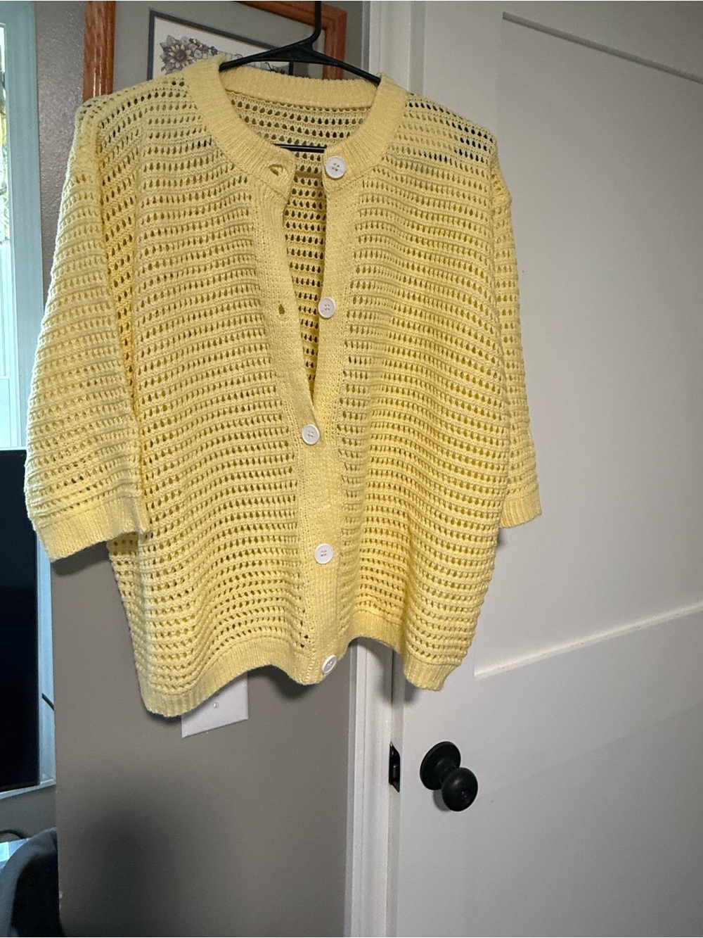 Light Yellow Open-Knit Button Cardigan Sweater